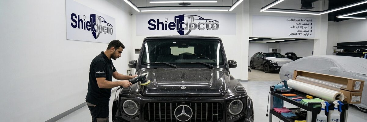 ShielDocto technician preparing the hood before PPF installation